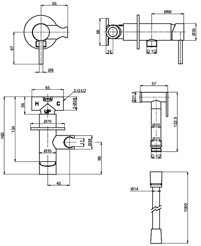Смеситель для биде AQUAme Siena с гигиеническим душем, матовое золото