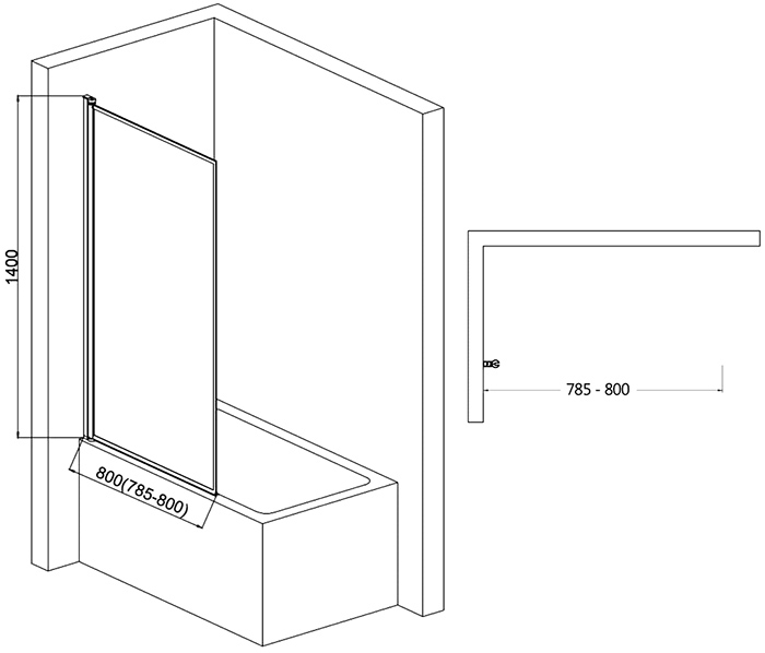 Шторка на ванну AQUAme, H-140 см, профиль черный