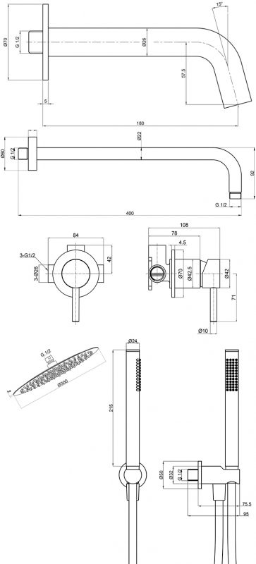 Душевая система AQUAme Siena, встраиваемая, на 3 режима, с внутренней частью