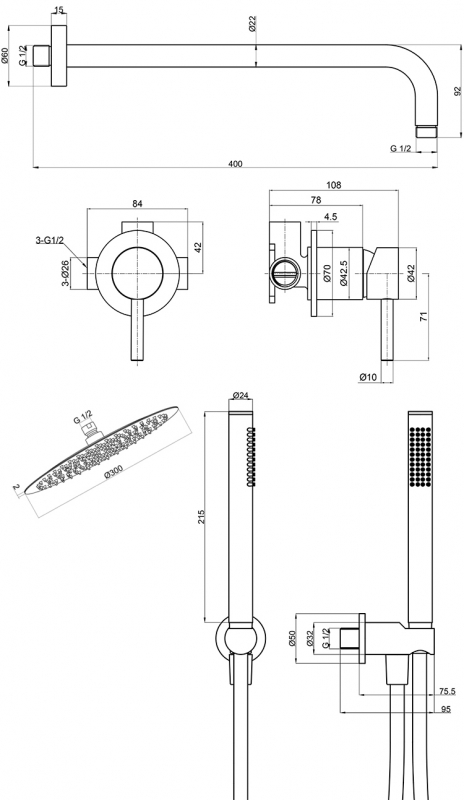 Душевая система AQUAme Siena Slim 002, встраиваемая, на 2 режима, с внутренней частью, нержавеющая сталь