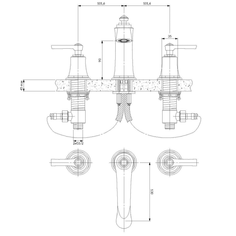 Omnires Armance Смеситель для умывальника на 3 отверстия,  золото