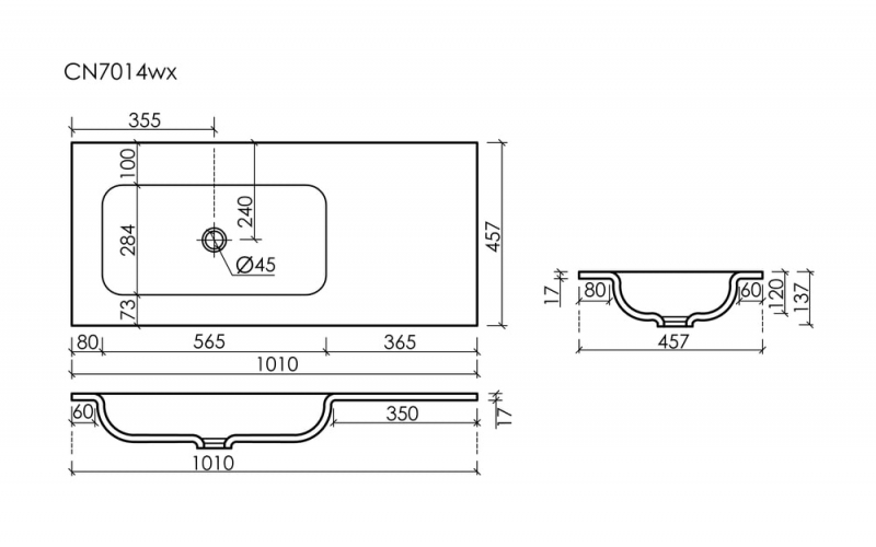 Умывальник  Grace  101*45,7 накладной прямоугольный  чаша слева