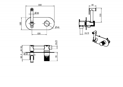 Смеситель гигиенический BOHEMA  STICK  c ручкой TOUCH матовое золото
