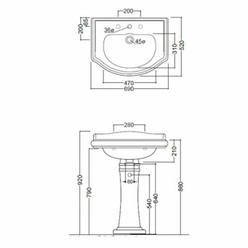 Kerasan Retro 69 Раковина 69х52 см с пьедесталом, 1 отв., цвет: белый