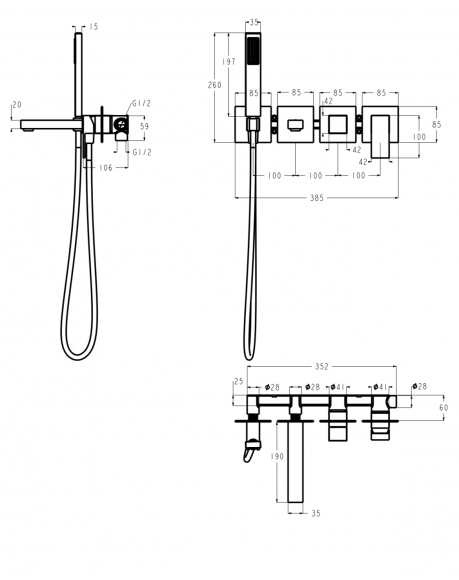 Смеситель для ванны скрытого монтажа Grocenberg с Картриджем Kerox,  нержавеющая сталь