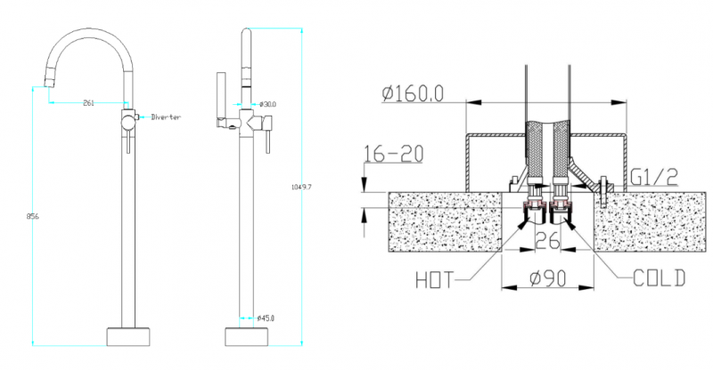 Смеситель напольный Boheme Uno золото