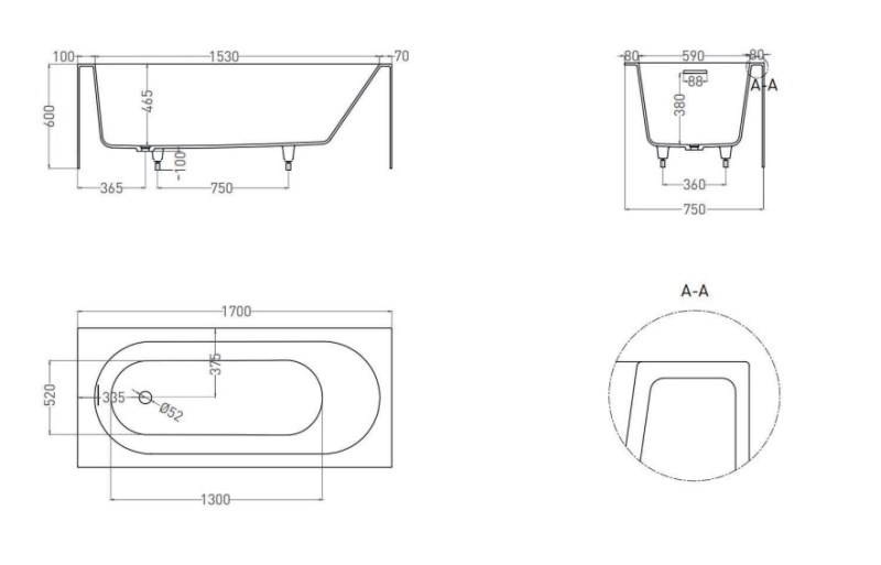 Ванна пристенная Salini FABIA 170x75 (S-Sense . глянцевый)