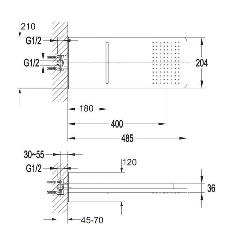 Верхний душ Omnires Waterfall  прямоугольный 48.5 x 20.4 см, с держателем, хром