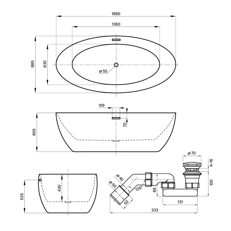 Отдельностоящая акриловая ванна Wellsee Grand Prix, 186*88,5 см, цвет белый глянец. Набор 4 в 1: ванна, ножки, экран, слив-перелив хром 