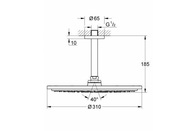 Верхний душ с потолочным душевым кронштейном 142 мм, 1 режим струи, GROHE Rainshower, темный графит матовый