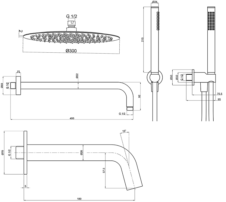 Душевая система AQUAme Siena  встраиваемая, термостат, на 3 режима, с внутренней частью