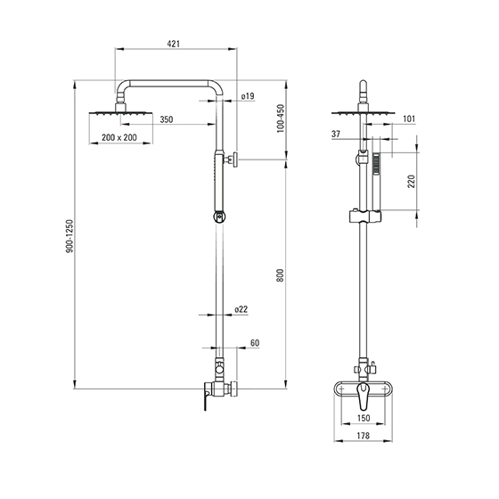 Deante Cascada Oregano Square Душевая колонна со смесителем для душа, хром