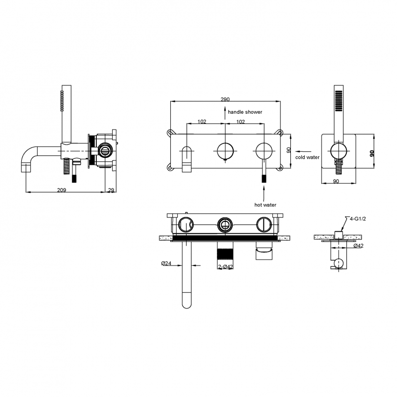 Смеситель для ванны BOHEME UNO скрытый монтаж графит