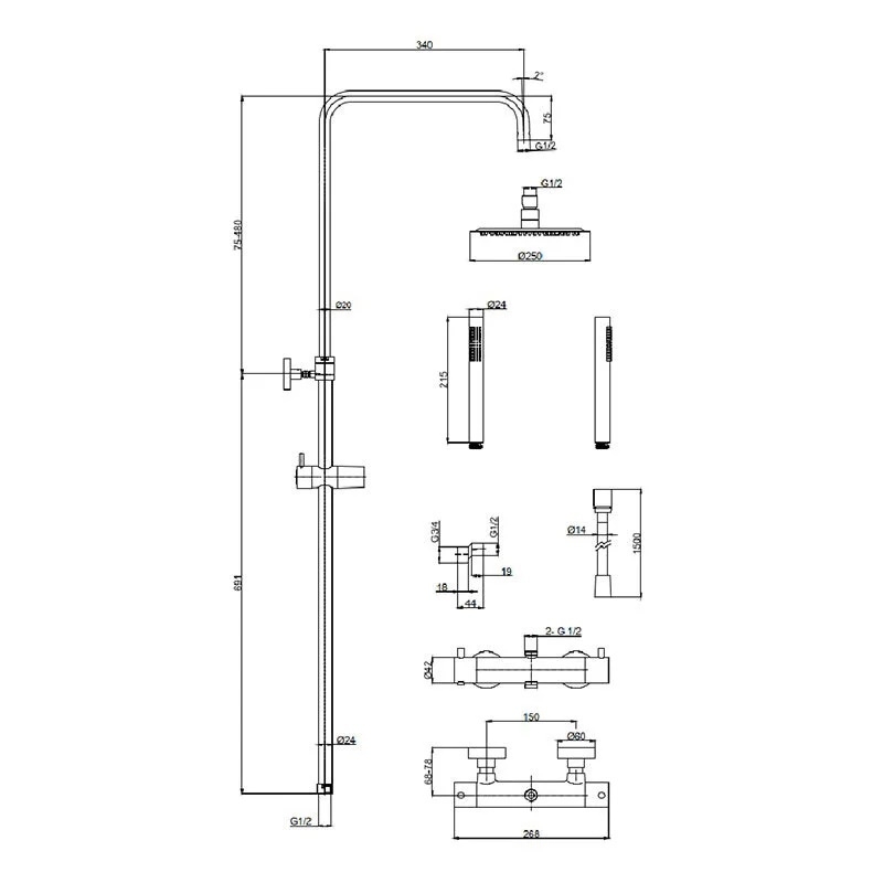 Душевая стойка AQUAme Siena  c термостатом, нержавеющая сталь