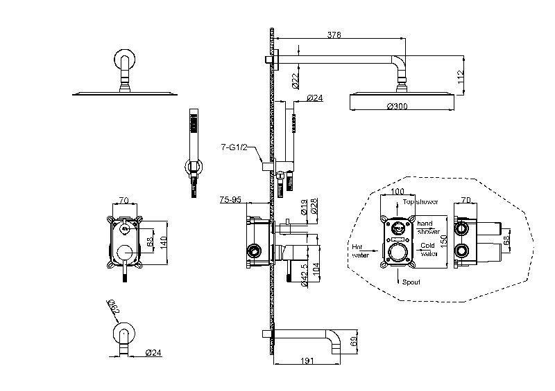 Душевая система скрытого монтажа Bohema Uno с изливом, брашированная медь