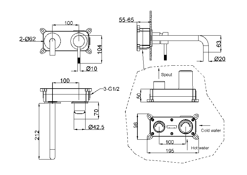 Смеситель для умывальника из стены, Uno брашированная бронза