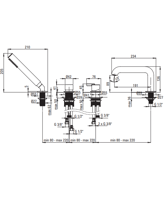 DEANTE SILIA Смеситель для ванны врезной на 4 отверстия, брашированная бронза
