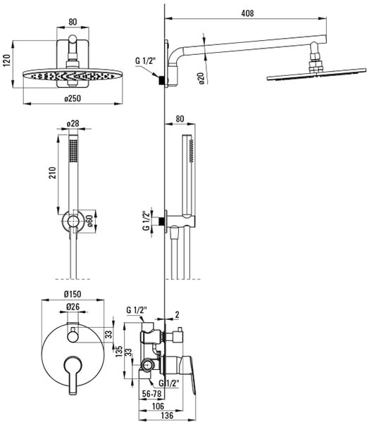 Deante Arnika Titanium Душевая система скрытого монтажа, графит