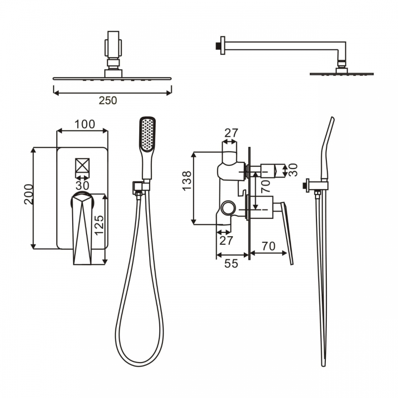Душевая система скрытого монтажа Grocenberg в цвете Хром (без излива)