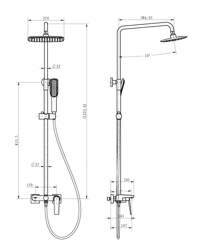 Душевая стойка Boheme Venturo с душевым гарнтитуром и смесителем в комплекте, черный-золото