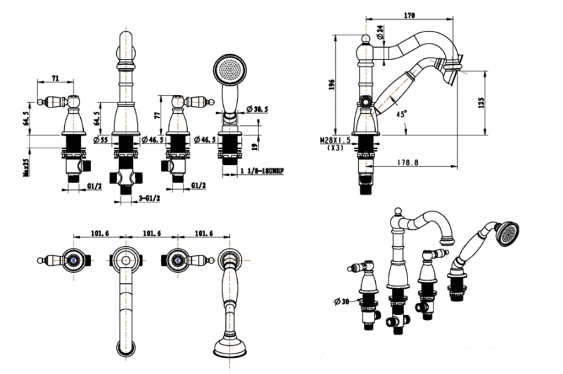 Смеситель врезной  на борт ванны Boheme Medici, бронза