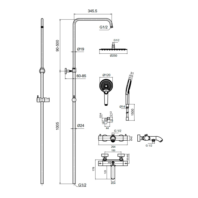 Душевая стойка AQUAme Siena 2 режима, термостат, графит