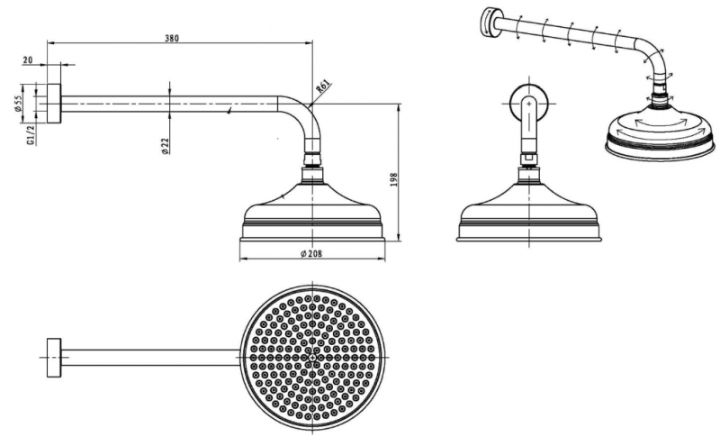 Встроенный верхний душ Boheme Brillante, диаметр 20 см, хром
