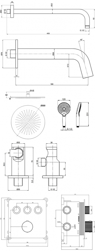 Душевая система AQUAme  встраиваемая, термостат, на 3 режима, с внутренней частью