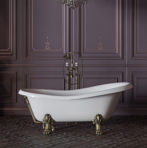 Ванна из искусственного камня Migliore Milady  185x80  отдельностоящая белаяс декоративными ножками, со сливом-переливом, фурнитура бронза 