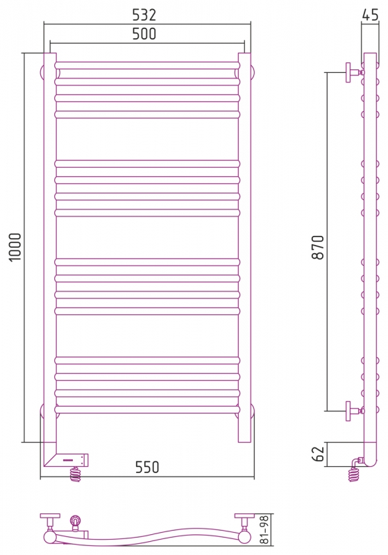ПОЛОТЕНЦЕСУШИТЕЛЬ СУНЕРЖА Флюид 2.0 1000х500 скрытый монтаж, состаренная бронза