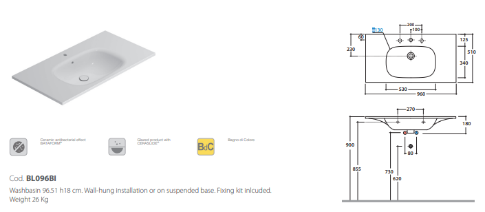GLOBO РАКОВИНА ПОДВЕСНАЯ/ДЛЯ УСТАНОВКИ НА МЕБЕЛЬ, РАЗМЕР 96Х51 СМ, ЦВЕТ BI (BIANCO)