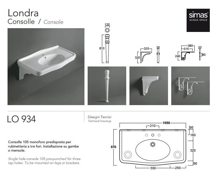 Раковина подвесная SIMAS Londra 105х57 см, цвет белый, с кронштейнами