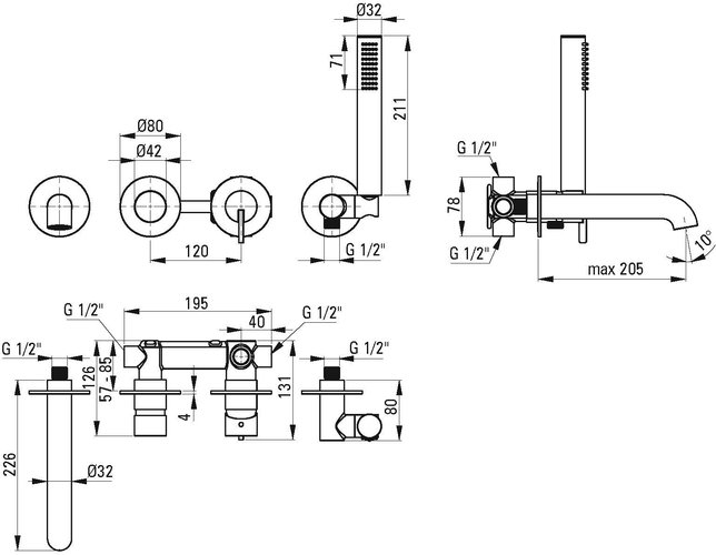 Deante SILIA  Система скрытого монтажа для ванной на 4 отверстия, графит с поворотным изливом