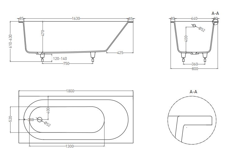 Ванна из искусственного камня Salini Ornella 180x80, S-Sense белый глянцевый