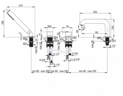 СМЕСИТЕЛЬ НА БОРТ ВАННЫ DEANTE SILIA НА 4-ОТВЕРСТВИЯ, С ДУШЕВЫМ НАБОРОМ, графит
