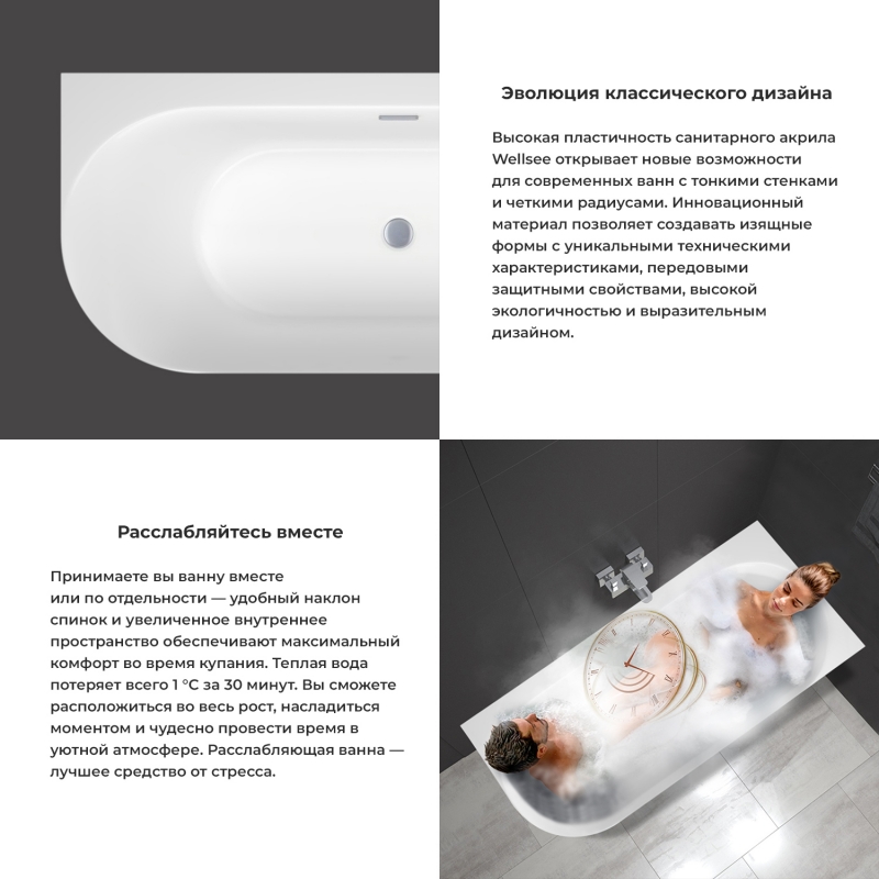 Акриловая ванна 170*80 в наборе 4 в 1 Wellsee Collaro слив-перелив глянцевый белый