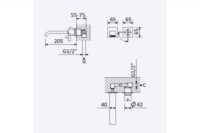 Bruma Смеситель для раковины на 2 отверстия, настенный со сливным клапаном push-open 1 1/4'' - Elo Breeze  оружейная сталь