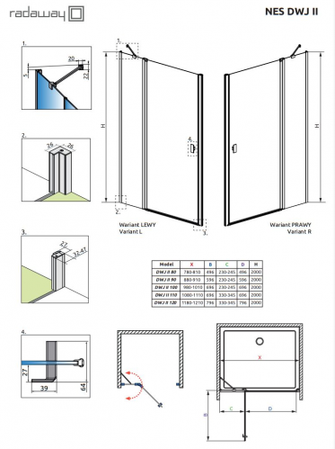 Душевая дверь Radaway NES BRUSHED NICKEL DWJ II, профиль нержавеющая сталь, дверь маятниковая