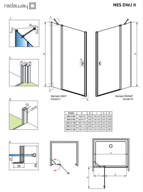 Душевая дверь Radaway NES BRUSHED NICKEL DWJ II, профиль нержавеющая сталь, дверь маятниковая