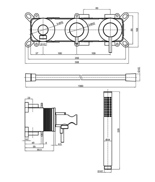 Смеситель для душа AQUAme SIENA с внутренней частью, на 2-3 режима