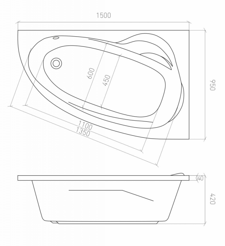 Ванна акриловая Bonito Home Emilia правая 150х95 с ножками