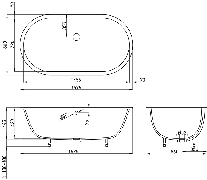 Ванна каменная Holbi Lyra  159.5x86 SR из каменной массы Solid Surface, встраиваемая