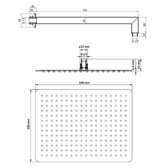 Верхний душ стальной квадратный Deante Cascada Flox, хром