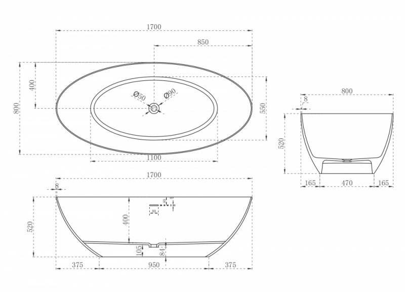 Ванна из искусственного камня ABBER Stein белая 170*80