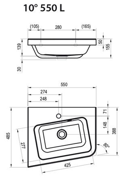 Умывальник угловой Ravak 65*53 см 10°  65x53,5