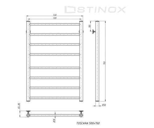 Полотенцесушитель водяной STINOX TOSCANA 500x800 нержавеющая сталь, с комплектом подключения