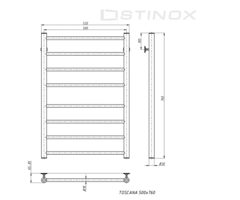 Полотенцесушитель водяной STINOX TOSCANA 500x800 сатин, с комплектом подключения