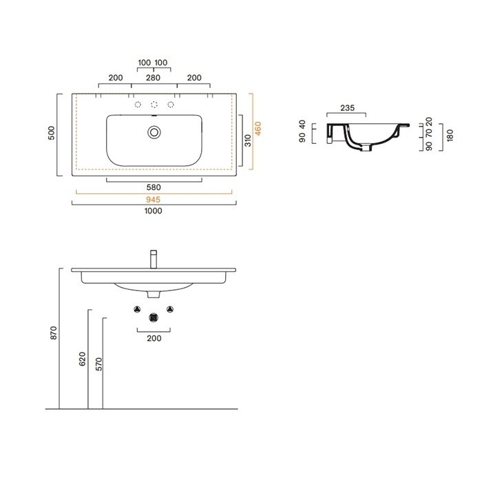 Раковина Catalano Italy 100*50 без отв. под смеситель, белый глянцевый