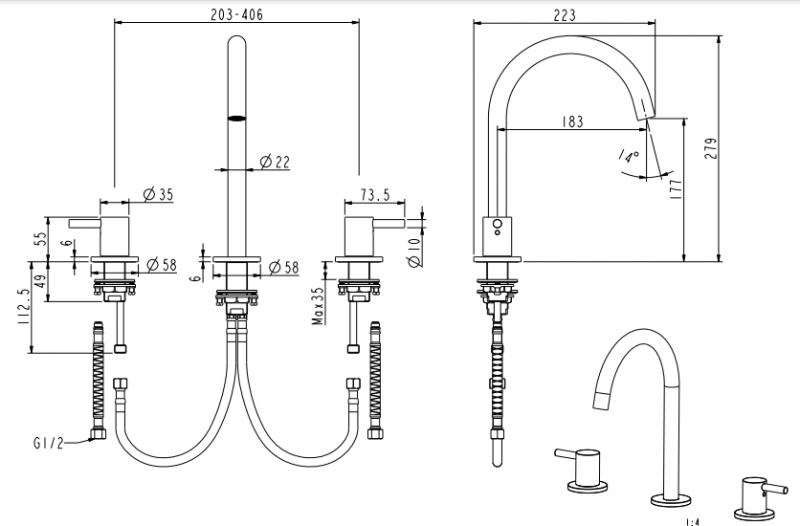 NEMO СМЕСИТЕЛЬ ДЛЯ РАКОВИНЫ С ДОННЫМ КЛАПАНОМ BRUSH GOLD на 3 отверстия