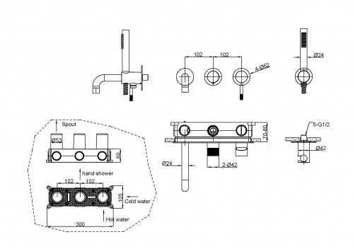 Смеситель для ванны скрытого монтажа Bohema Uno брашированная медь